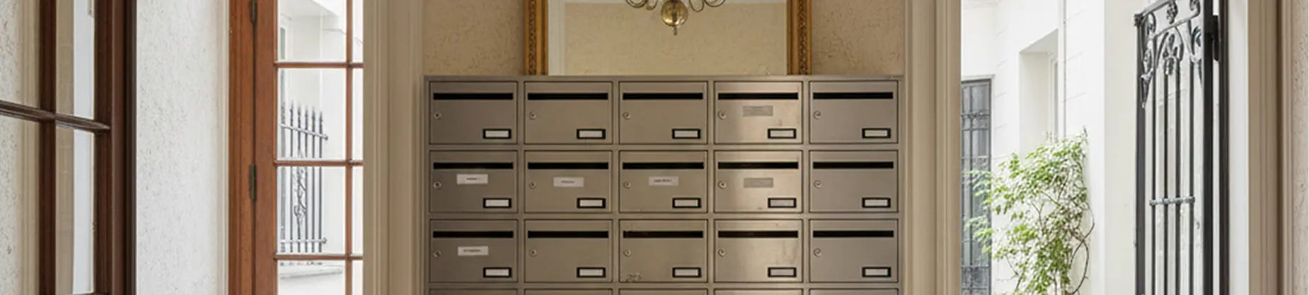Boîte aux lettres collective standard dans un hall d’entrée résidentiel